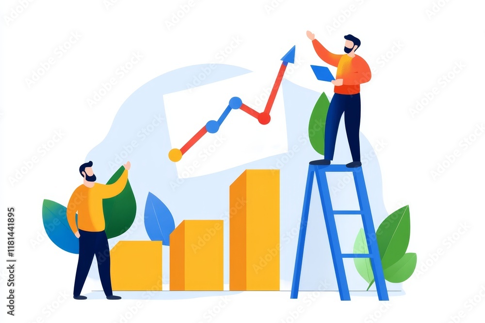 Poster two men discussing business growth while analyzing charts and data in a modern workspace