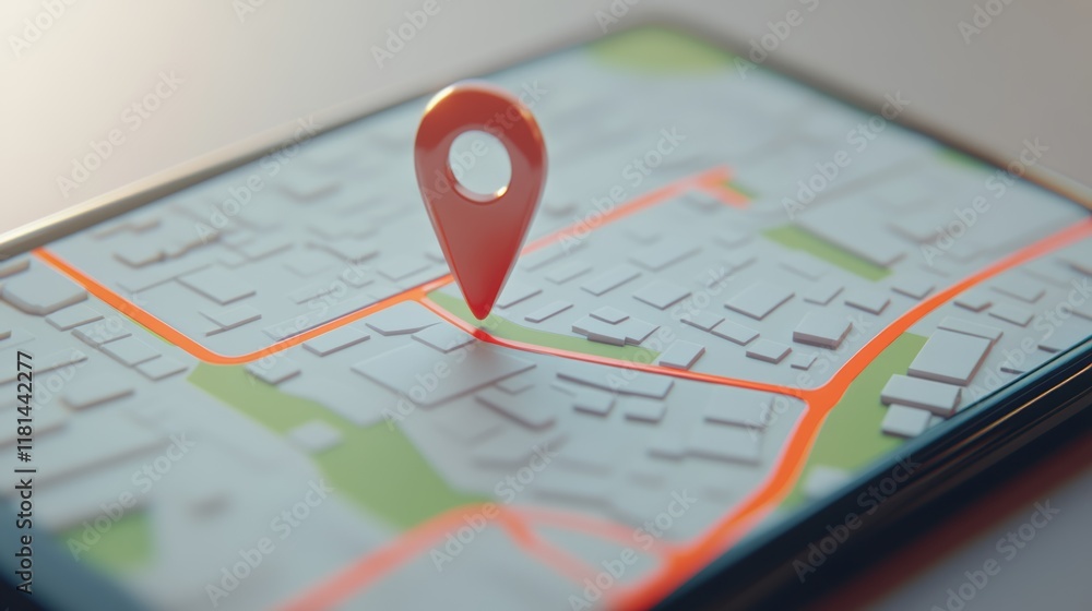 Poster Smartphone screen displaying online map navigation with a prominent red location pin indicating the specific destination on a detailed city map, suggesting accurate positioning and route planning