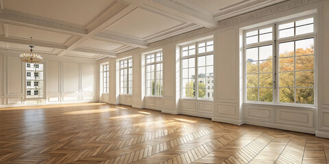 A Serene 3D Rendering of an Empty Room Showcasing a Parquet Floor