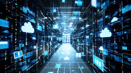Data center server room with digital cloud icons.