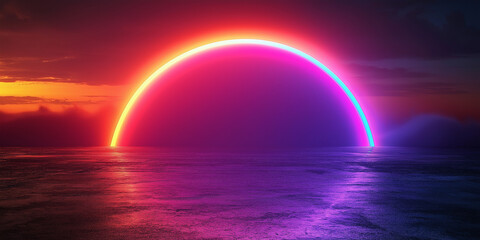 Vibrant neon rainbow over ocean sunset relaxing nature scene digital artwork serene environment dynamic viewpoint conceptual beauty