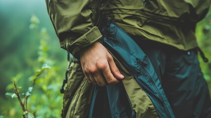 Fototapeta premium Person's hand adjusts layered outdoor clothing.