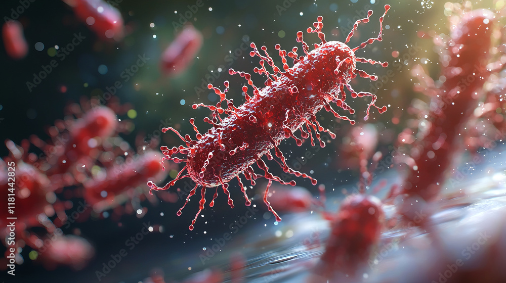 Poster detailed 3d rendering of red bacterium in microscopic environment