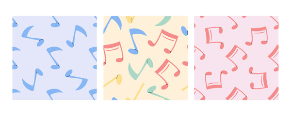 Seamless patterns with colorful music notes on pastel backgrounds in flat doodle style
