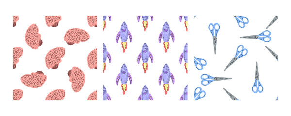 Seamless patterns with brains, rockets, and scissors for school in flat doodle style