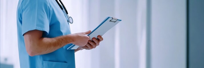 Surgeon wearing blue scrubs and a stethoscope is holding a clipboard while reviewing medical records in a bright, modern hospital environment, ensuring quality patient care and accurate diagnosis