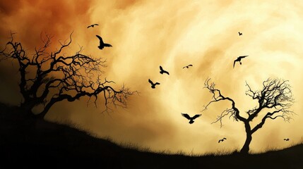 Fototapeta premium A tornado forming in the distance, with birds fleeing the area and trees bending in the wind,