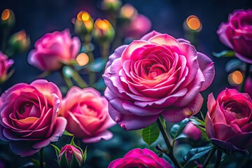 Stunning pink roses bloom dramatically against a dark night, a romantic floral scene.