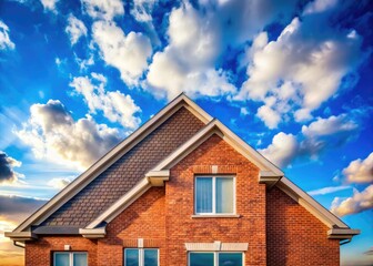 Sun-drenched minimalist brick home, serene blue sky.