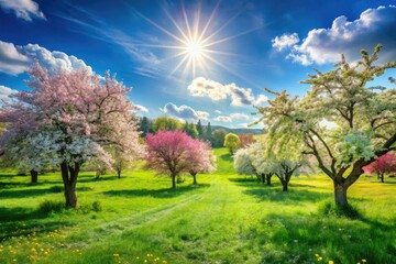 Sun-drenched meadow ablaze with vibrant blooms beneath a boundless blue sky.