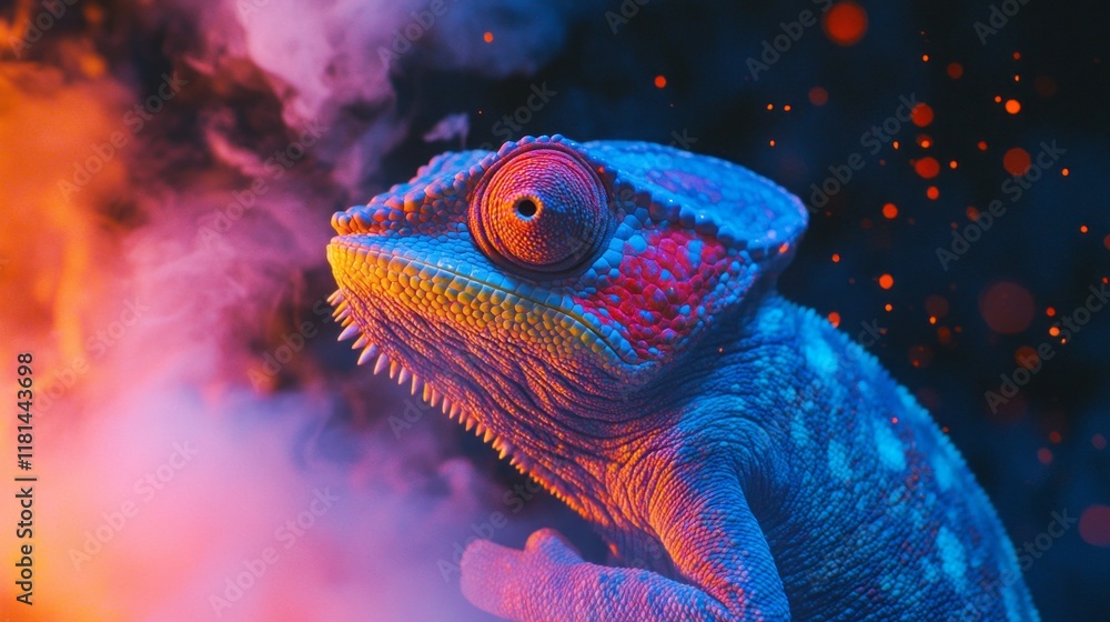 Aufkleber A chameleon showcases its captivating ability to change colors in response to its vibrant surroundings. The enchanting display of hues amidst a foggy backdrop creates a striking visual
