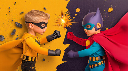Superhero battle scene featuring two young boys in colorful costumes, showcasing their powers with dynamic explosion effect. vibrant colors and playful expressions create exciting atmosphere