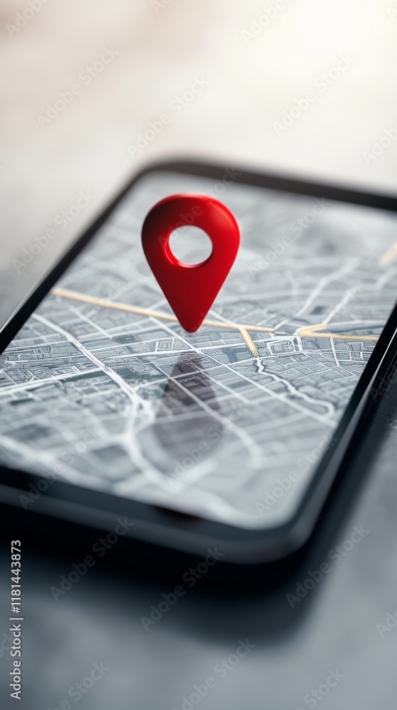 Aufkleber 3d red location pin hovers over a smartphone displaying a city map, representing gps navigation, rou