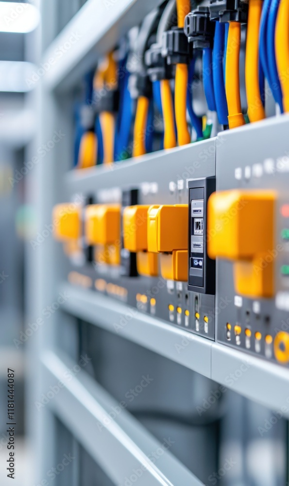 Poster close-up of electrical control panel with colorful wires and circuit breakers in modern technology f