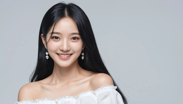 Portait idole kpop fille asiatique mignonne star souriante cheveux lisses noirs.