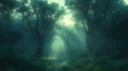 Obraz premium Sunbeams pierce misty forest path.