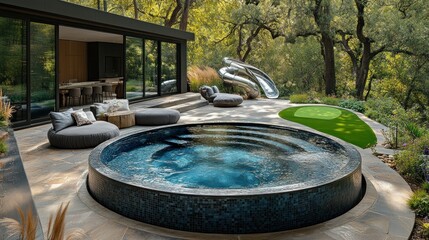 Fototapeta premium Luxury Backyard Oasis: Modern Hot Tub, Landscaping, and Playful Slides