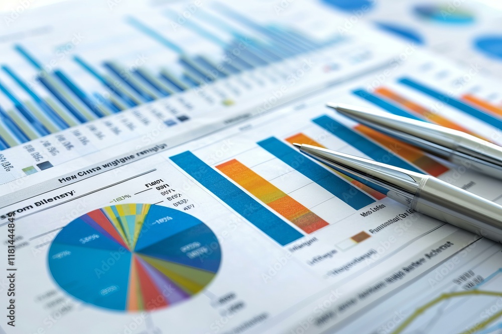 Aufkleber two metallic pens lie on colorful charts and graphs, showcasing key business performance indicators 
