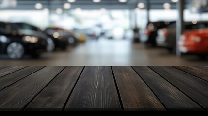Empty dark wooden table top on blurred car dealership background. Generated AI