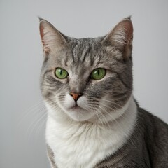 Obraz premium A regal gray and white cat with smooth fur and sharp green eyes, perched gracefully on a white background.
