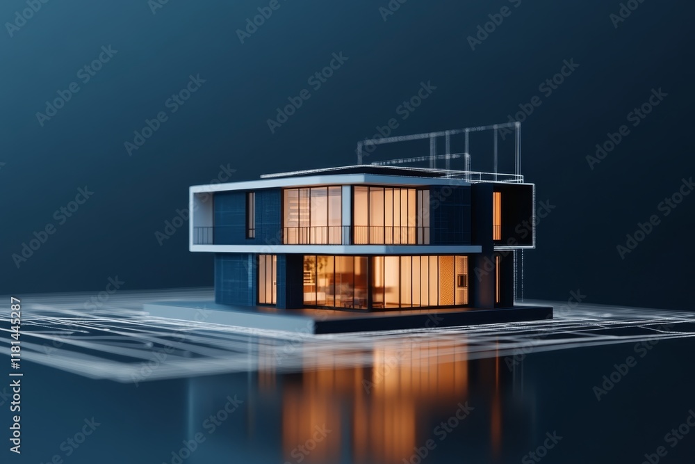 Poster modern architectural model displayed with a blueprint in a well-lit environment during evening hours