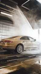 A car is being washed in a car wash