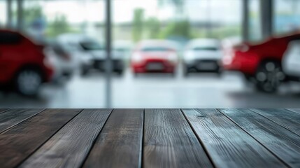 Empty dark wooden table top on blurred car dealership background. Generated AI