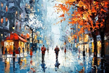 Vibrant impressionistic style depicting people strolling through urban streets.