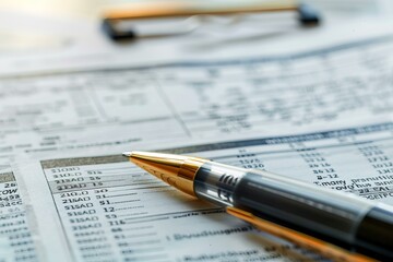 Close up of elegant pen analyzing financial data on newspaper, suggesting market analysis, investment decisions, or business news