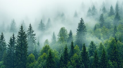 A serene forest landscape shrouded in mist, showcasing lush green trees and a tranquil atmosphere.
