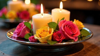 Fototapeta premium Brightly colored roses with lit candles, cheerful atmosphere, enhancing festive celebrations, elegant tabletop arrangement