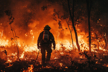 Naklejka premium Generative AI Depiction of a Brave Firefighter Battling Intense Flames and Smoke with Determination and Courage