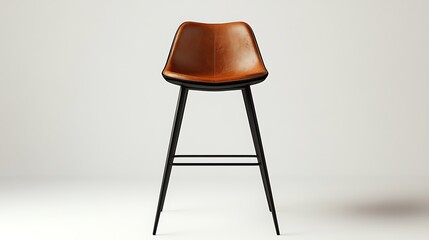 Bar stool with a leather seat and black metal legs isolated on a seamless white background for a sleek and industrial look