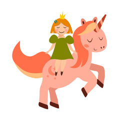 Fototapeta premium Cute princess girl sitting riding a unicorn. Fairy tale unicorn in flat style. Vector illustration isolated for greeting card, poster, print, textile, children books, wallpaper