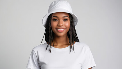 Young black woman wearing white t-shirt and white bucket hat isolated on grey background