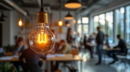 A glowing light bulb hangs in a modern workspace filled with people collaborating and working at tables.