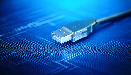Close-up shot of a USB cable connector on a vibrant blue circuit board.  The image's high-tech aesthetic is ideal for technology, data transfer, and connectivity concepts.