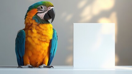 Blue-and-gold macaw parrot beside blank white card.