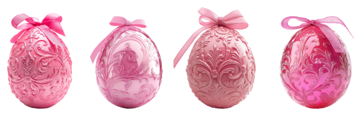 Ensemble de quatre œufs de Pâques roses décoratifs avec motifs floraux embossés et rubans roses sur fond transparent