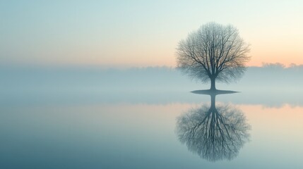 Serene tree silhouetted against foggy morning lake at dawn