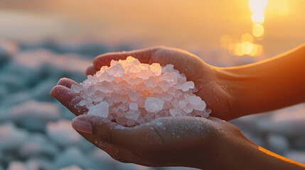 Hands holding glimmering salt crystals during a beautiful sunset at the seaside