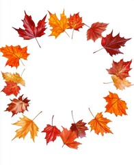 autumn maple leaves round frame isolated on white background
