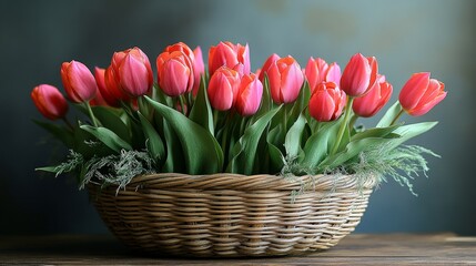 Beautiful pink tulip with greens in a woven basket on a dark background