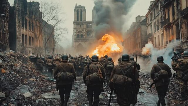 WW2 British soldiers advancing in a war-torn French city amidst explosions