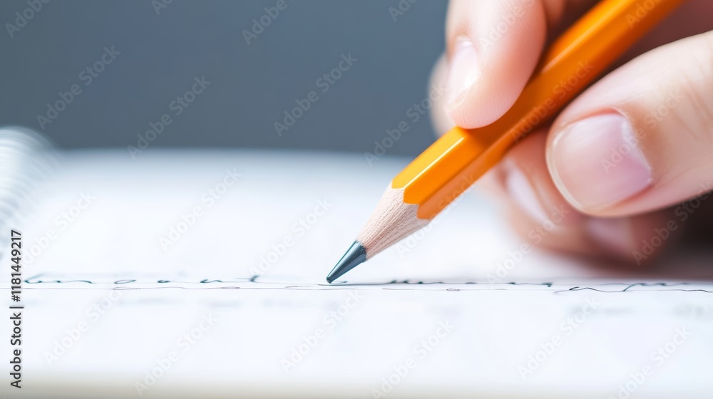 Poster close up view of a hand gripping an orange pencil, writing in a spiral notebook, highlighting the cr