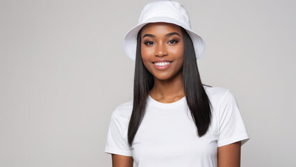 Young black woman wearing white t-shirt and white bucket hat isolated on grey background