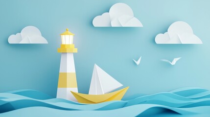 Naklejka premium Whimsical origami boat sailing to a lighthouse in serene coastal scene