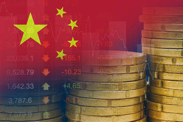 China flag with stock market finance, economy trend graph digital technology.