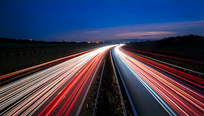 Obraz premium Dramatic long exposure shot of a highway at night, showcasing vibrant light trails from speeding vehicles. Perfect for illustrating themes of travel, speed, transportation, or modern life.