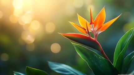 Bird of Paradise blooming in a tropical garden with lush green leaves in the blurred background bathed in soft sunlight